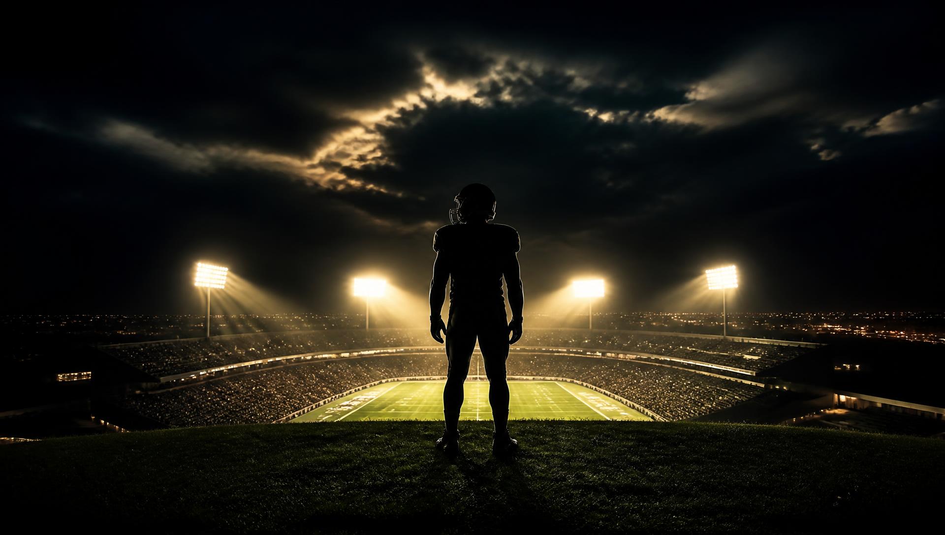 Football player standing on a hill above a floodlit stadium at night